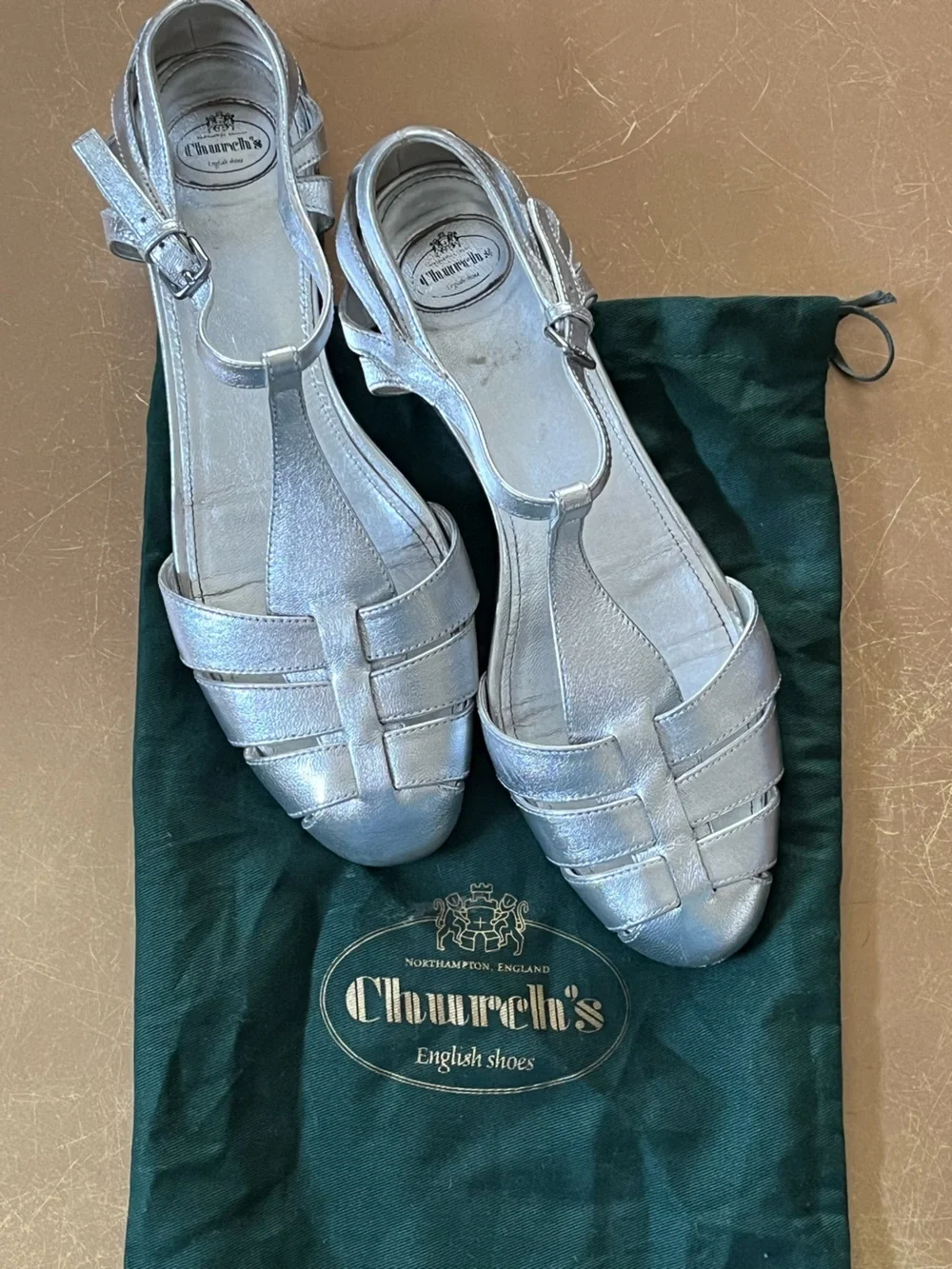 Church’s England Rainbow Metallic Silver Fisherman Sandals